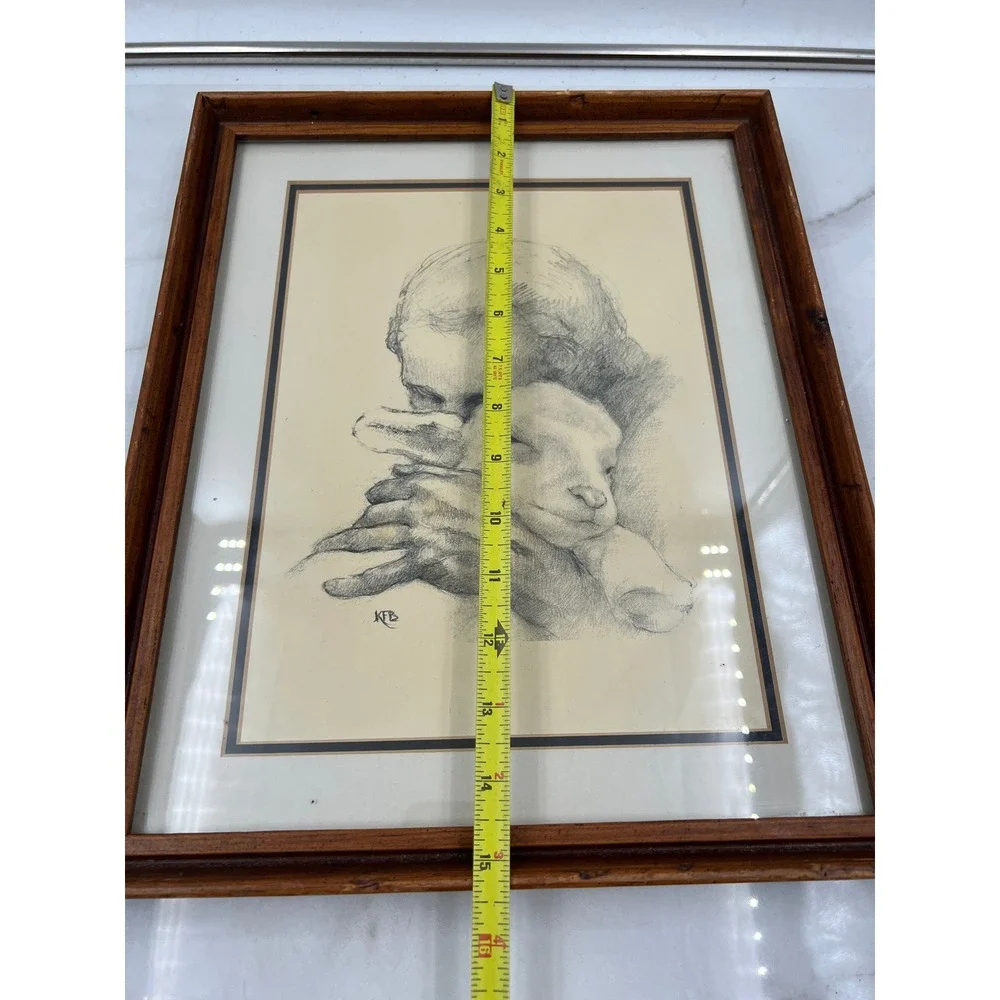 VTG Katherine Brown JESUS AND THE LAMB pencil sketch Framed